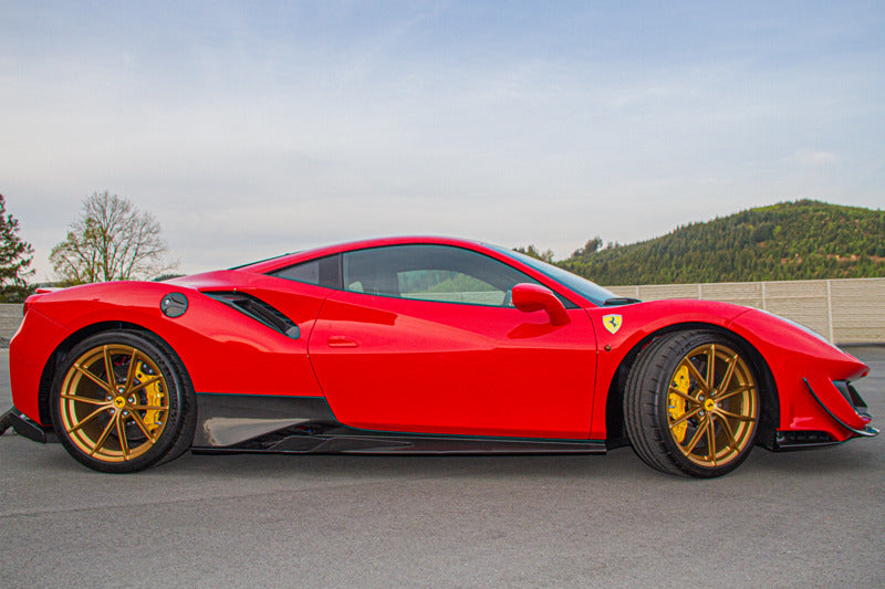 Red Ferrari 488 Pista side profile with Capristo carbon side skirts