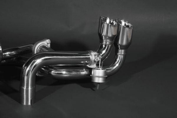 wide view of Capristo Valved Twin Sound Exhaust Replacement Tips (Both Sides) for Ferrari 360 1999-2004 with black background