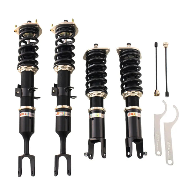 A top view of BC Racing BR Series Coilovers (V35/Z33) for Infiniti G35 2003-2006 with white background