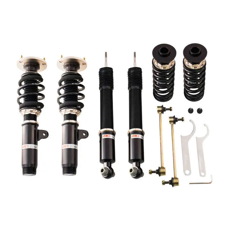 A front view of BC Racing BR Series Coilovers for Non-Adaptive Ride Control (E90/92 RWD) for BMW M3 2008-2013 with white background