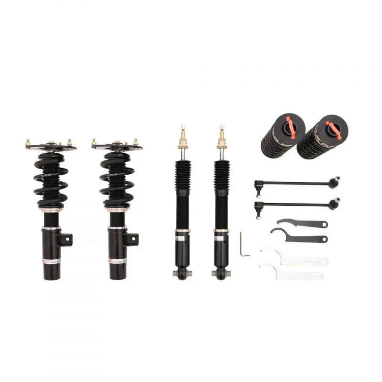 A front view of BC Racing BR Series 3-Bolt Top Coilovers (F30 AWD | 3-Bolt Top Mount) for BMW 3 Series xDrive 2013-2018 with white background