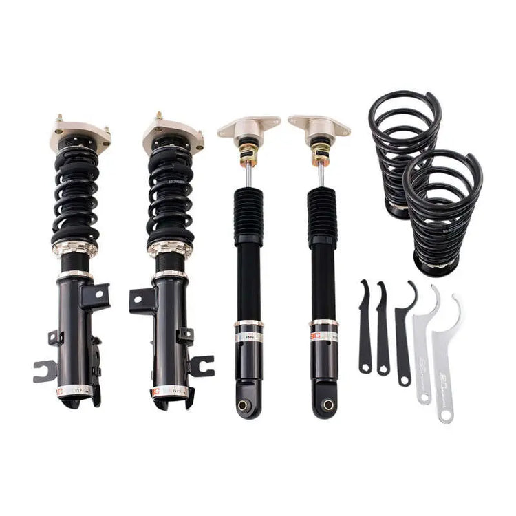 A front view of BC Racing BR Series Coilovers (BMEFS) for Mazda 3 2014-2018 with white background