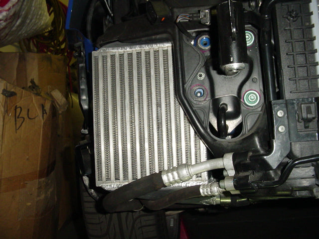 A front view of the passenger side intercooler of the Evolution Racewerks Audi S4 (B5) & A6 (C5) 2.7TT Dual Side Mount Intercooler (SMIC) Upgrade Kit