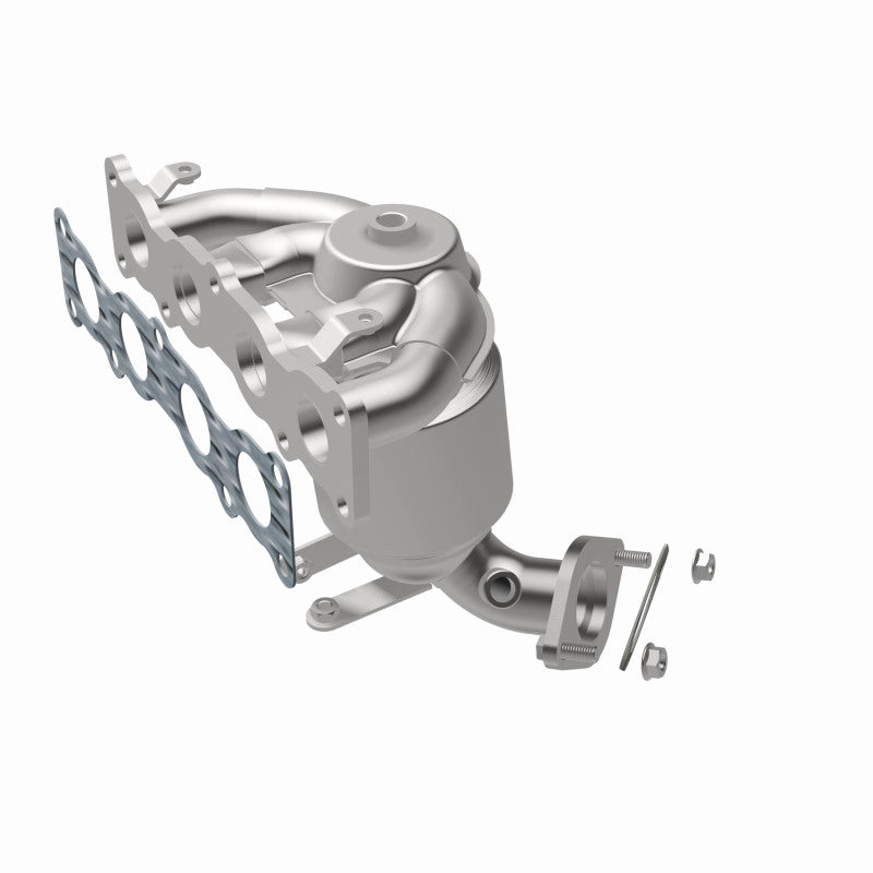 MagnaFlow 52777 oem grade manifold converter, front three-quarter view of the turntable spin