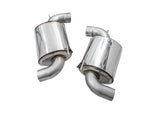 Two AWE 180 Technology rear muffler sections for the A90 GR Supra, shown on white