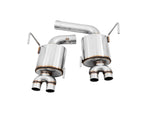 Two AWE Touring rear muffler sections with dual tip outlets for the VA WRX, shown on white