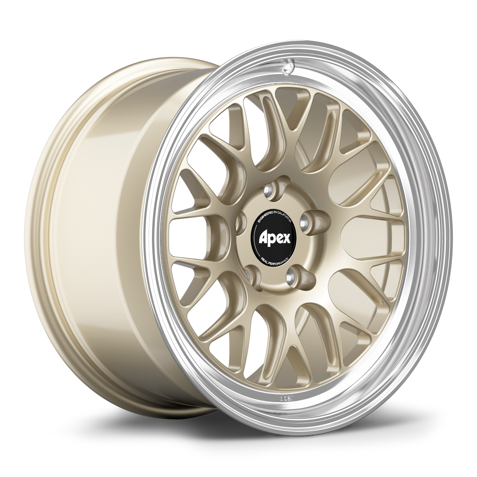 Two bronze finished alloy wheels with polished chrome lip and multi-spoke design on white background - APEX Wheels wheel for 17x9 ET30 5x120 - Gloss Motorsport Gold - Machined Lip