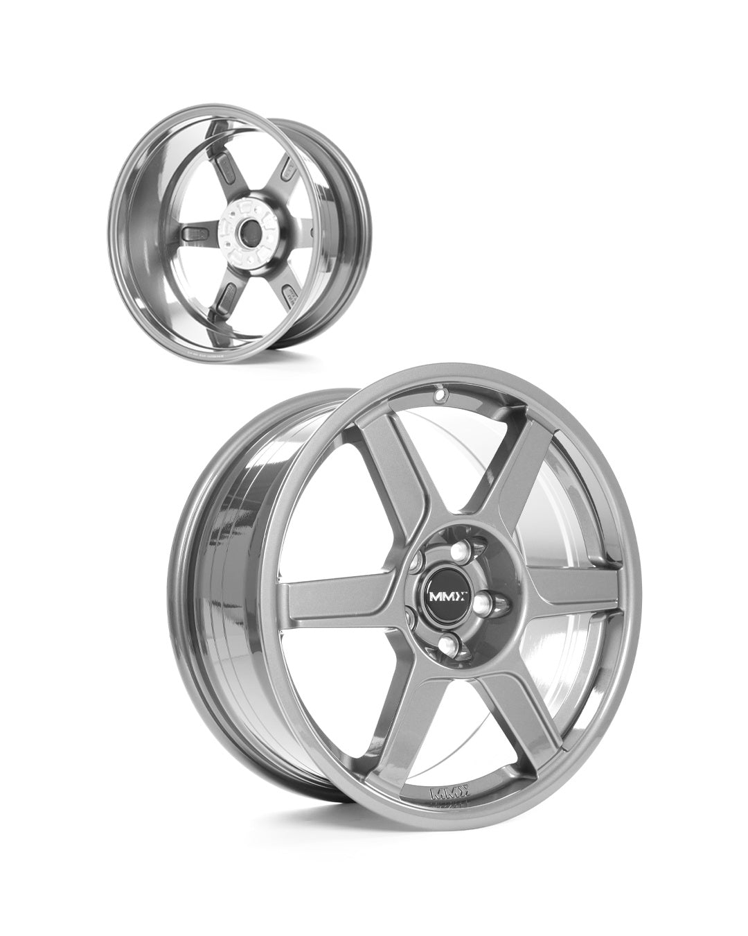 Two silver X06 wheels showing their six-spoke design