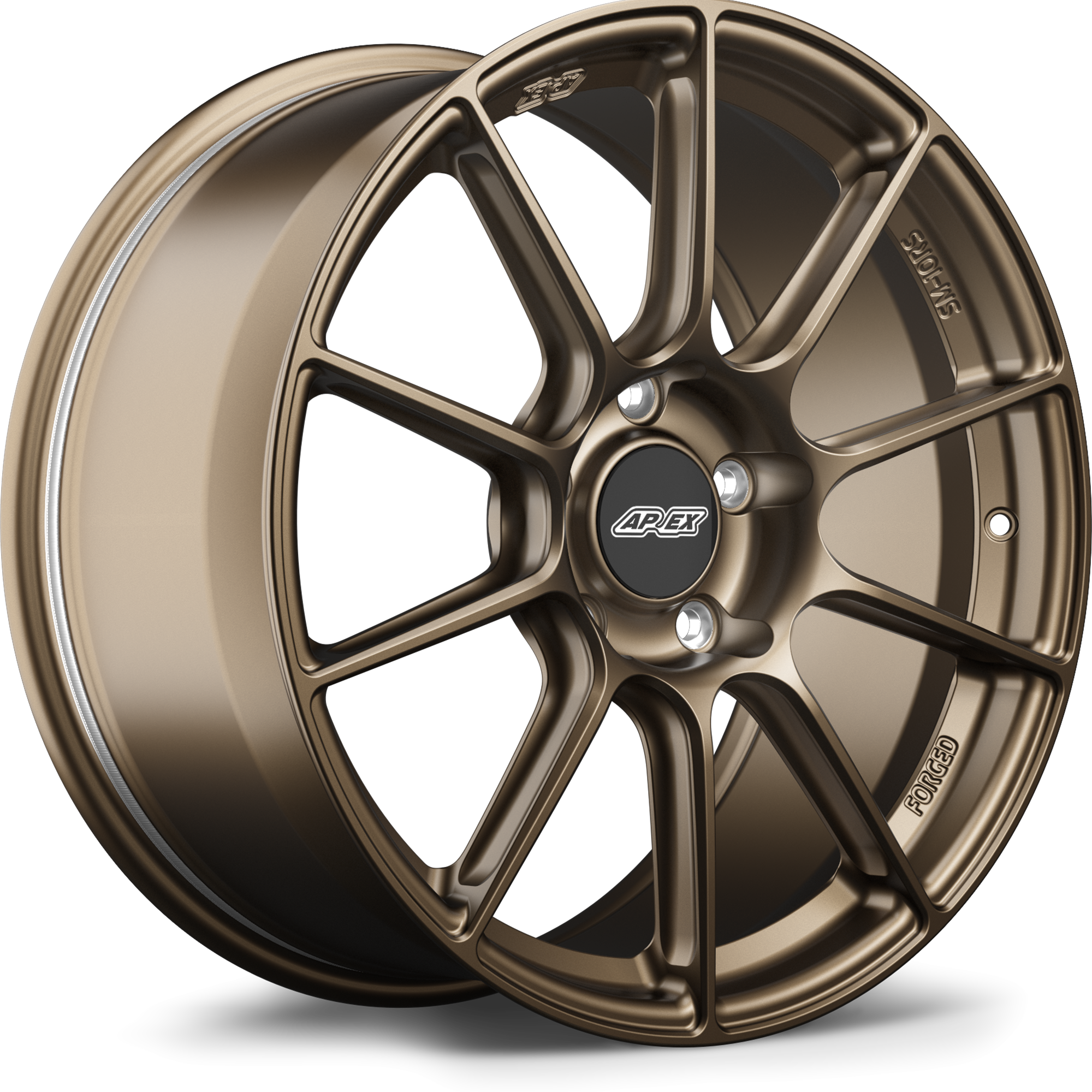 Bronze finished alloy wheel with ten-spoke design and center cap on white background - APEX Wheels wheel for 19x9 ET50 5x130 - Satin Bronze