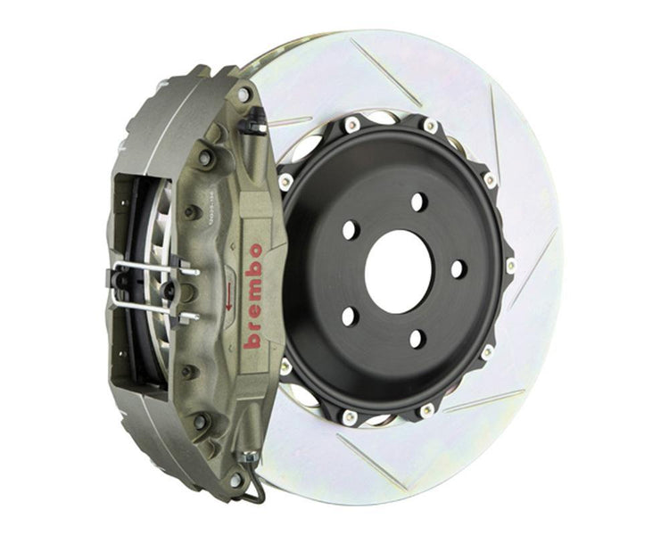 A front view of Brembo 332x322-Piece 4-Piston Iron Slotted Rotors for Scion FR-S / Subaru BRZ / Toyota 86 / GR86 with white background