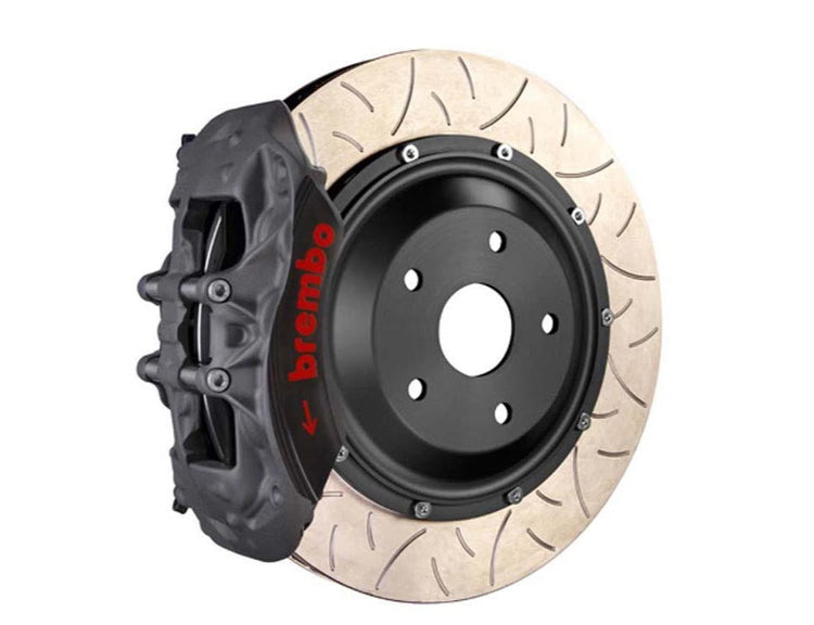 A front view of Brembo Race Front Big Brake Kit 355x35 2-Piece 6-Piston Type 3 Semi-Float Rotors for Audi S3 (8V) with white background