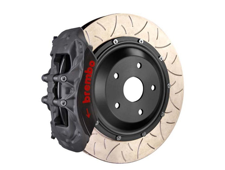 A front view of Brembo Race Front Big Brake Kit 355x35 2-Piece 6-Piston Type 3 Semi-Float Rotors for Audi TT & TTS (8J) with white background