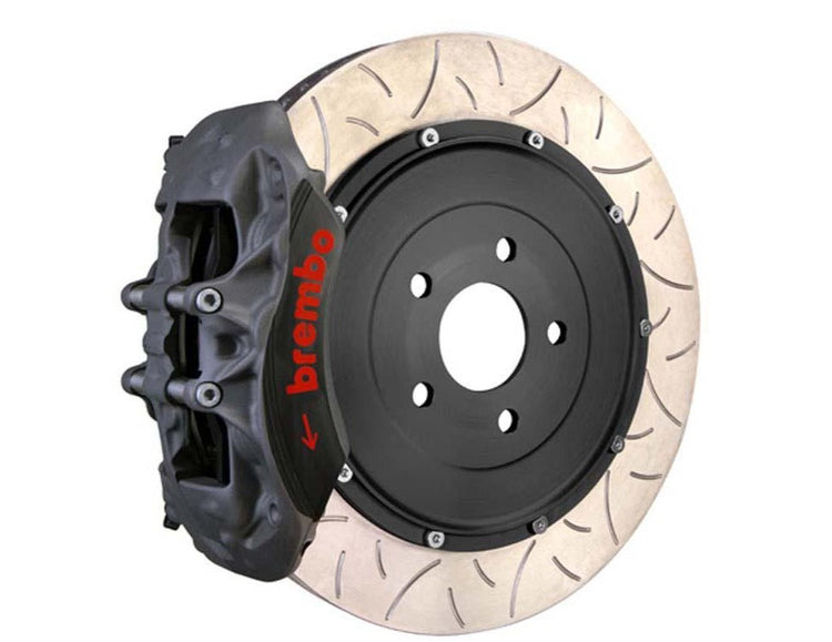 A front view of Brembo Race Front Big Brake Kit 380x35 2-Piece 6-Piston Type 3 Semi-Float Rotors for Audi A5 (B8) with white background
