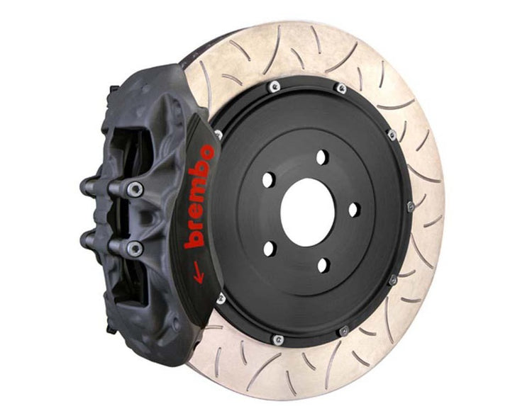 A front view of Brembo Race Front Big Brake Kit 380x35 2-Piece 6-Piston Type 3 Semi-Float Rotors Nissan Skyline GT-R (R34) with white background