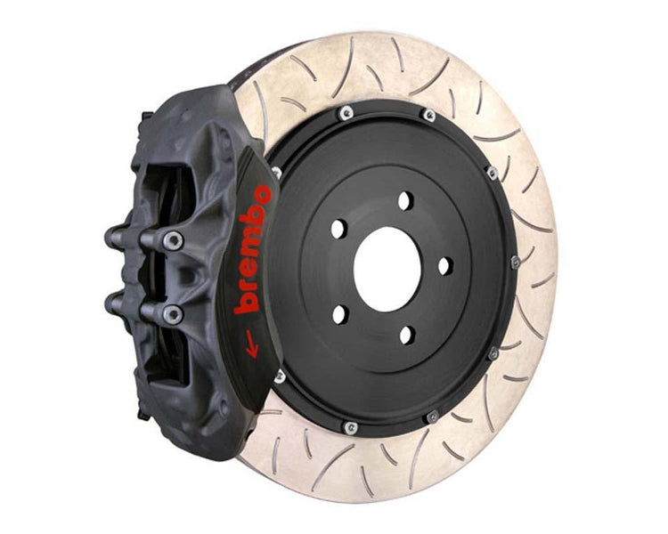 A front view of Brembo Race Front Big Brake Kit 355x32 2-Piece 6-Piston Type 3 Semi-Float Rotors for Audi TT (8S) with white background