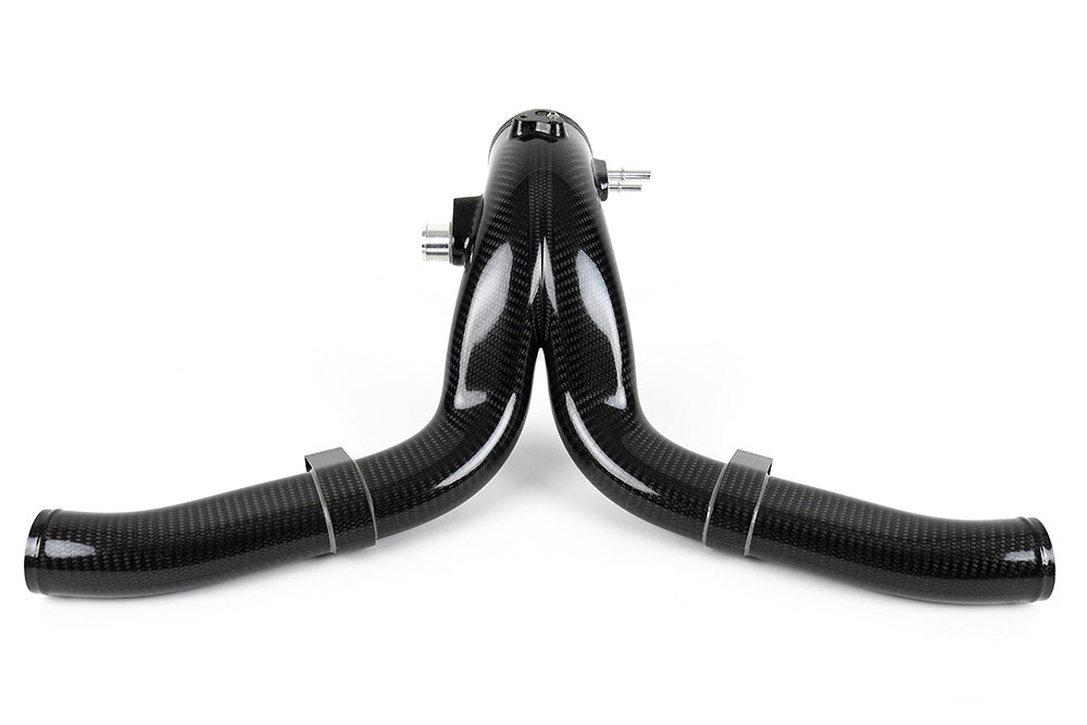 Carbon fiber high flow Y-pipe front view showing both intercooler runners merging - IPD for Porsche 991.2 Turbo