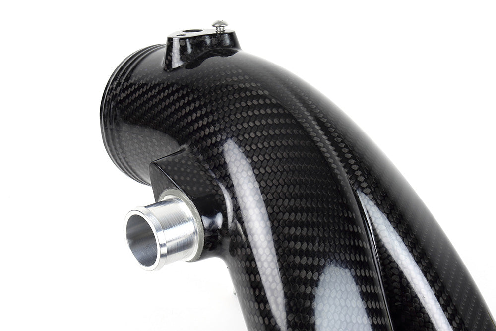 Carbon fiber Y-pipe side port with machined aluminum breather fitting and sensor boss - IPD for Porsche 991.2 Turbo