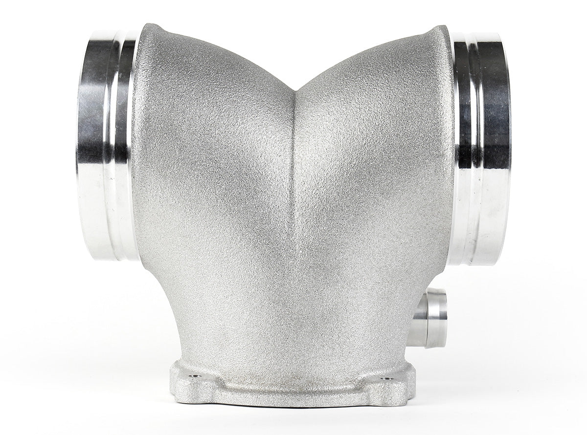 Side profile of the Competition Y plenum showing the twin-runner merge into the throttle body neck - IPD for Porsche 996 Carrera