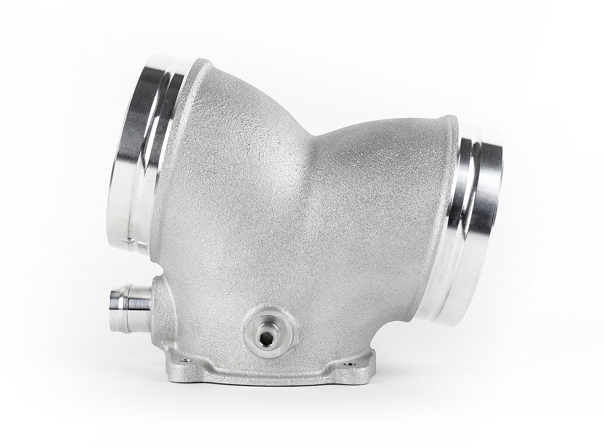 Side profile of the 74mm Y plenum showing breather nipple and capped sensor port - IPD for Porsche 987.1 Cayman