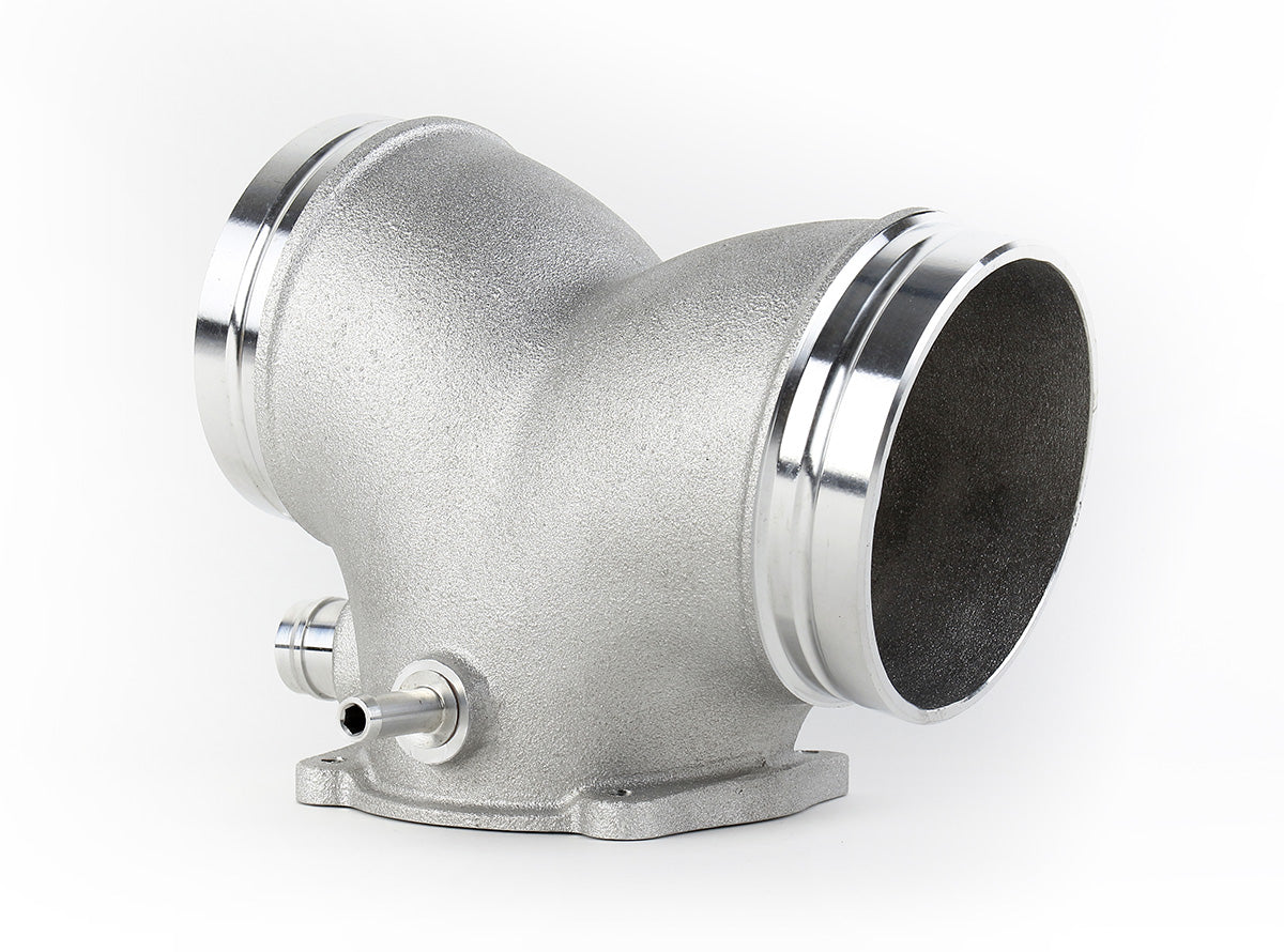 74mm Y plenum three-quarter view with polished inlets, breather nipple and vacuum port - IPD for Porsche 987.1 Cayman