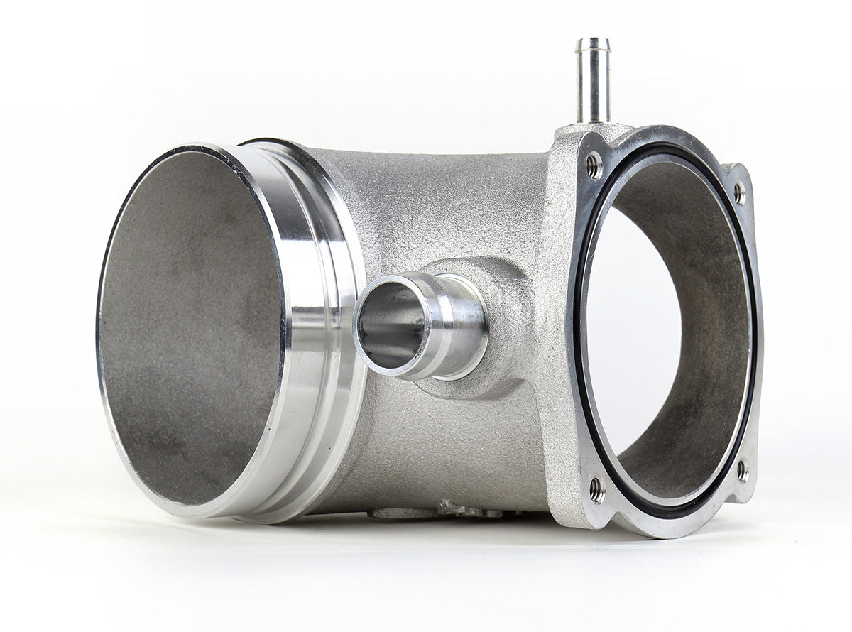 74mm Y plenum angled view of the inlet, breather nipple and O-ring sealed throttle body flange - IPD for Porsche 987.1 Cayman