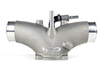 IPD 74mm turbo plenum front view showing the Y merge, vent fittings and cast IPD logo - IPD for Porsche 997.2 Turbo