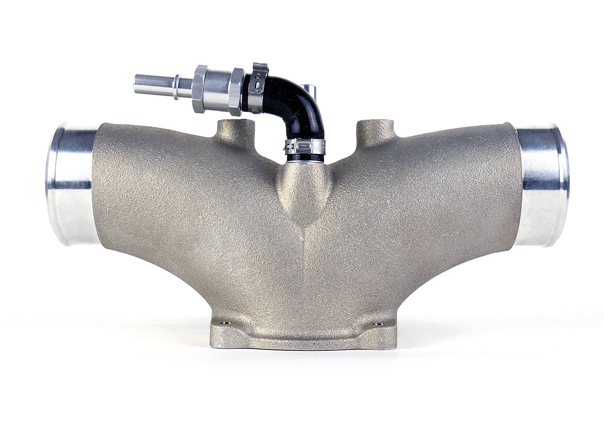 Rear view of the IPD turbo Y plenum with silicone breather elbow and quick-connect fitting - IPD for Porsche 991.2 GT2 RS