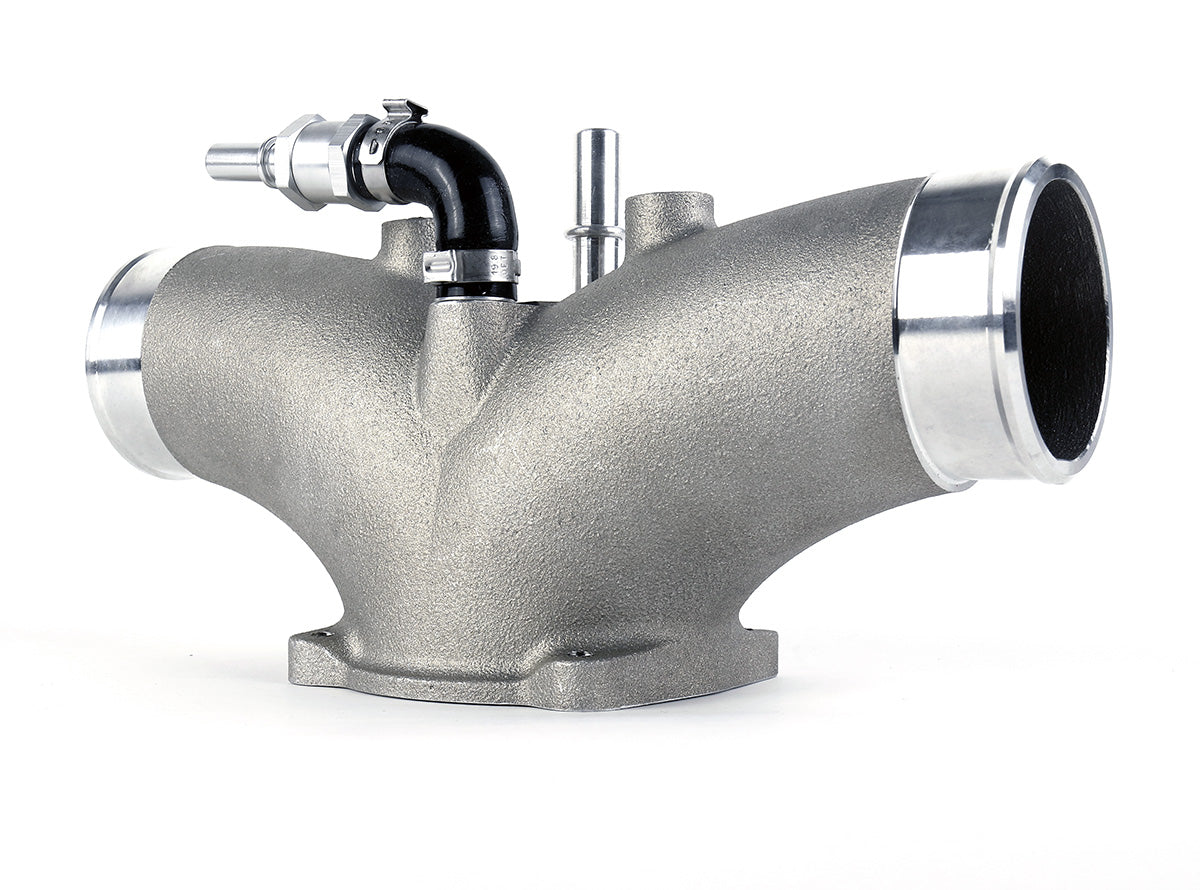Angled view of the IPD turbo plenum showing the textured cast body and open charge-pipe inlet - IPD for Porsche 997.2 Turbo