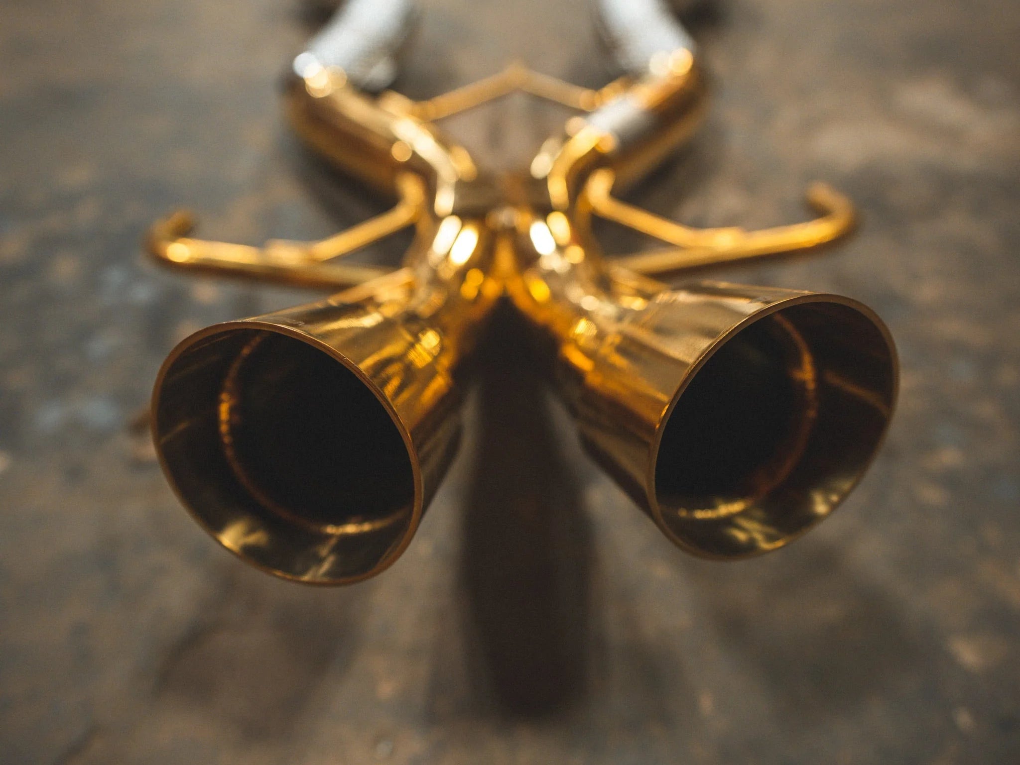 Direct rear-view perspective of the dual gold exhaust tips focusing on the circular openings.