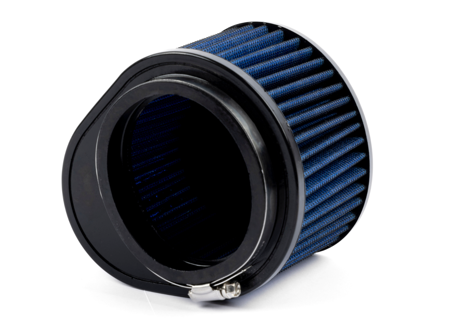 A bottom-up view of a conical air filter, showing the circular opening of the black rubber flange and the internal blue pleated filtration material.