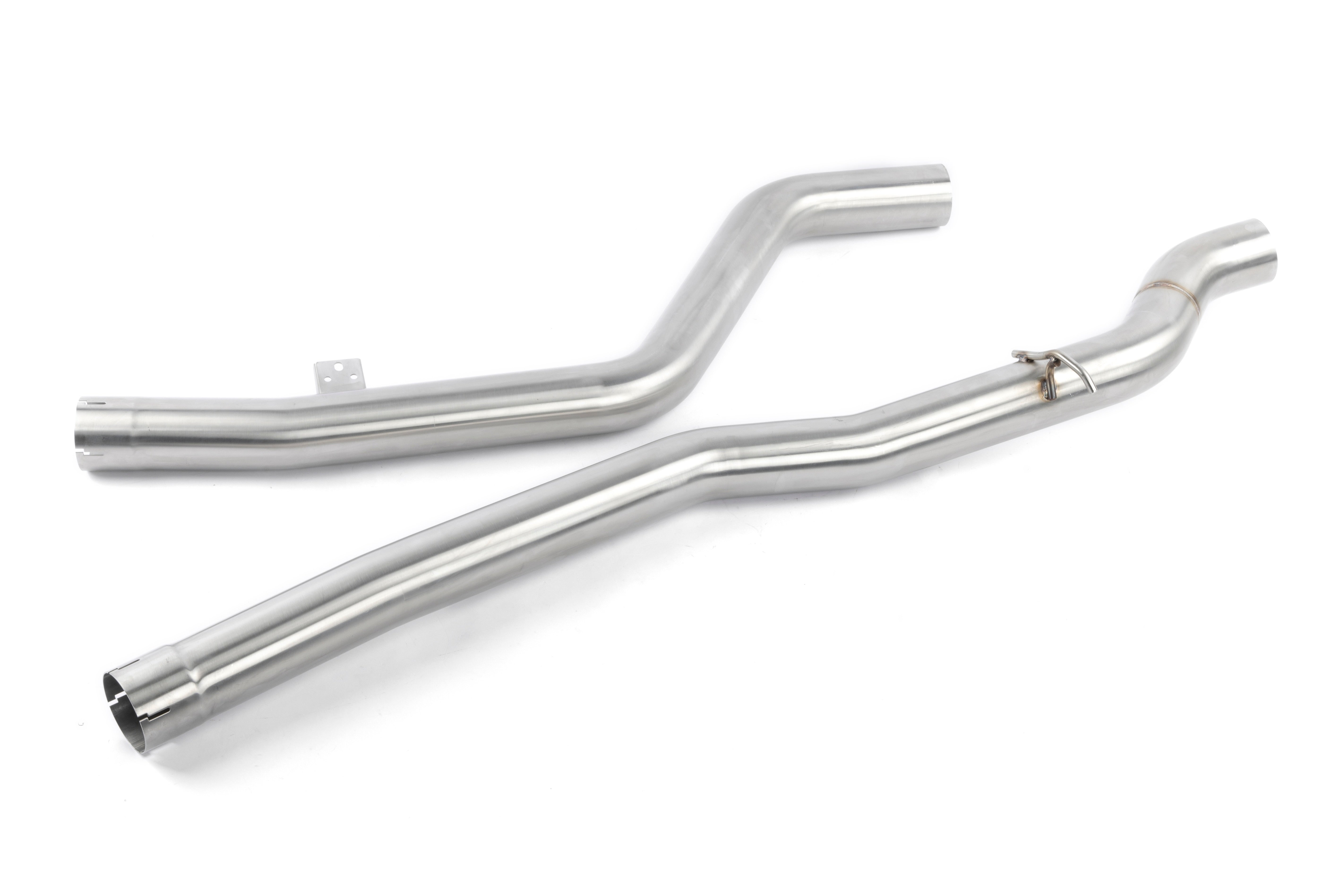 The image showcases the mid pipe of the Dinan Valved Cat-Back Exhaust for the BMW X3 M40i and X4 M40i on a white background.
