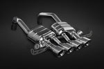 Capristo C7 Corvette valved exhaust with OEM cat adapters, angled view of quad center tips