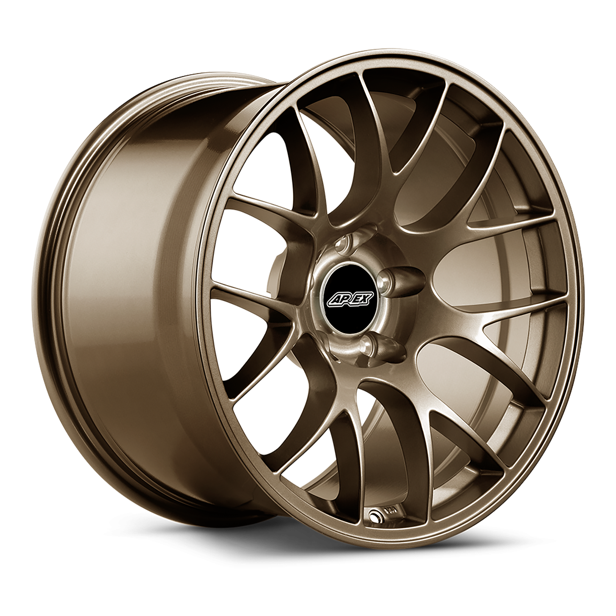 Bronze-finished alloy wheel with multi-spoke design, center cap, and deep barrel profile on white background - APEX Wheels wheel for 19x9.5 ET35 5x120 - Satin Bronze
