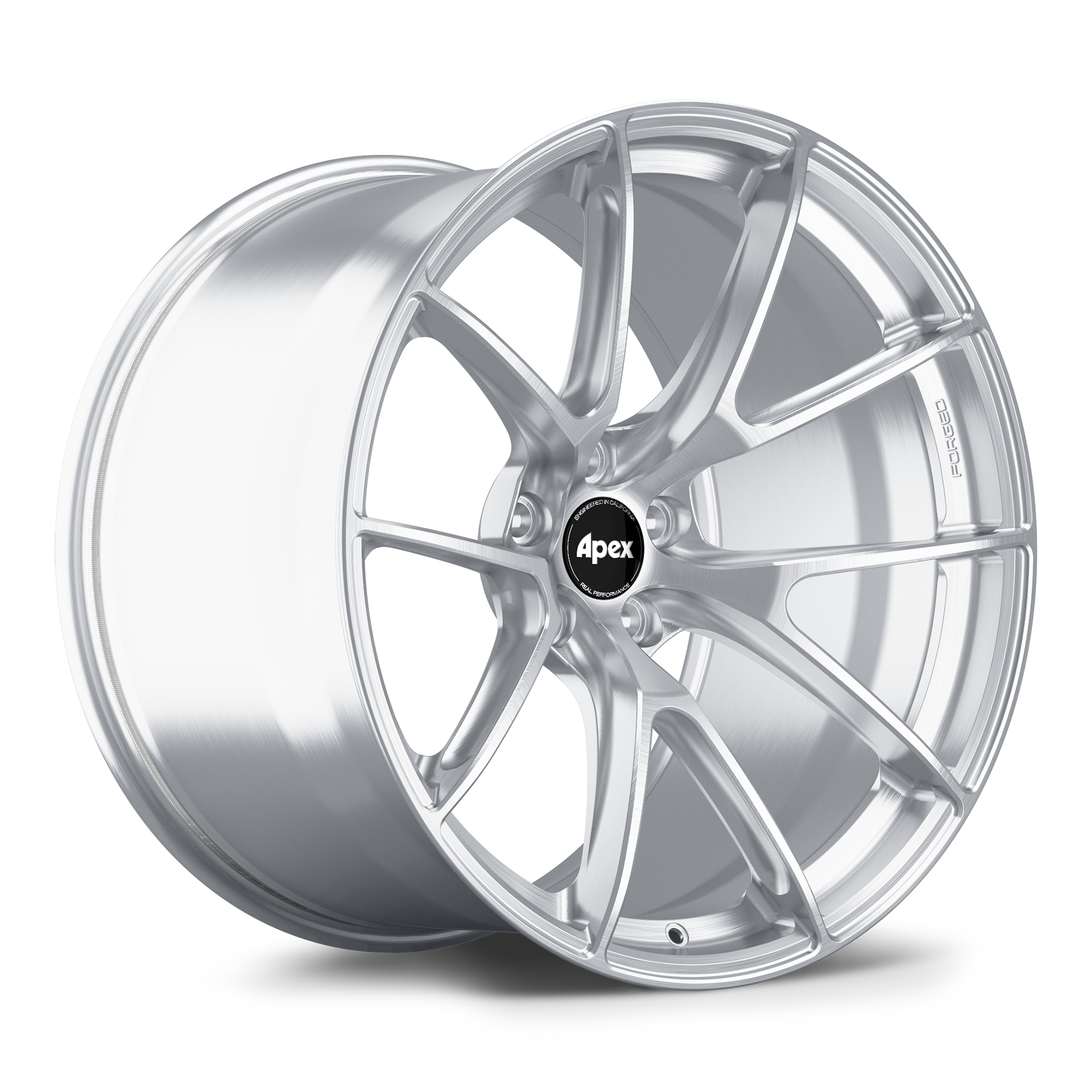Silver alloy wheel with five-spoke design, polished finish, and black center cap on white background - APEX Wheels wheel for 21x13 ET22 5x120 - Brushed Clear