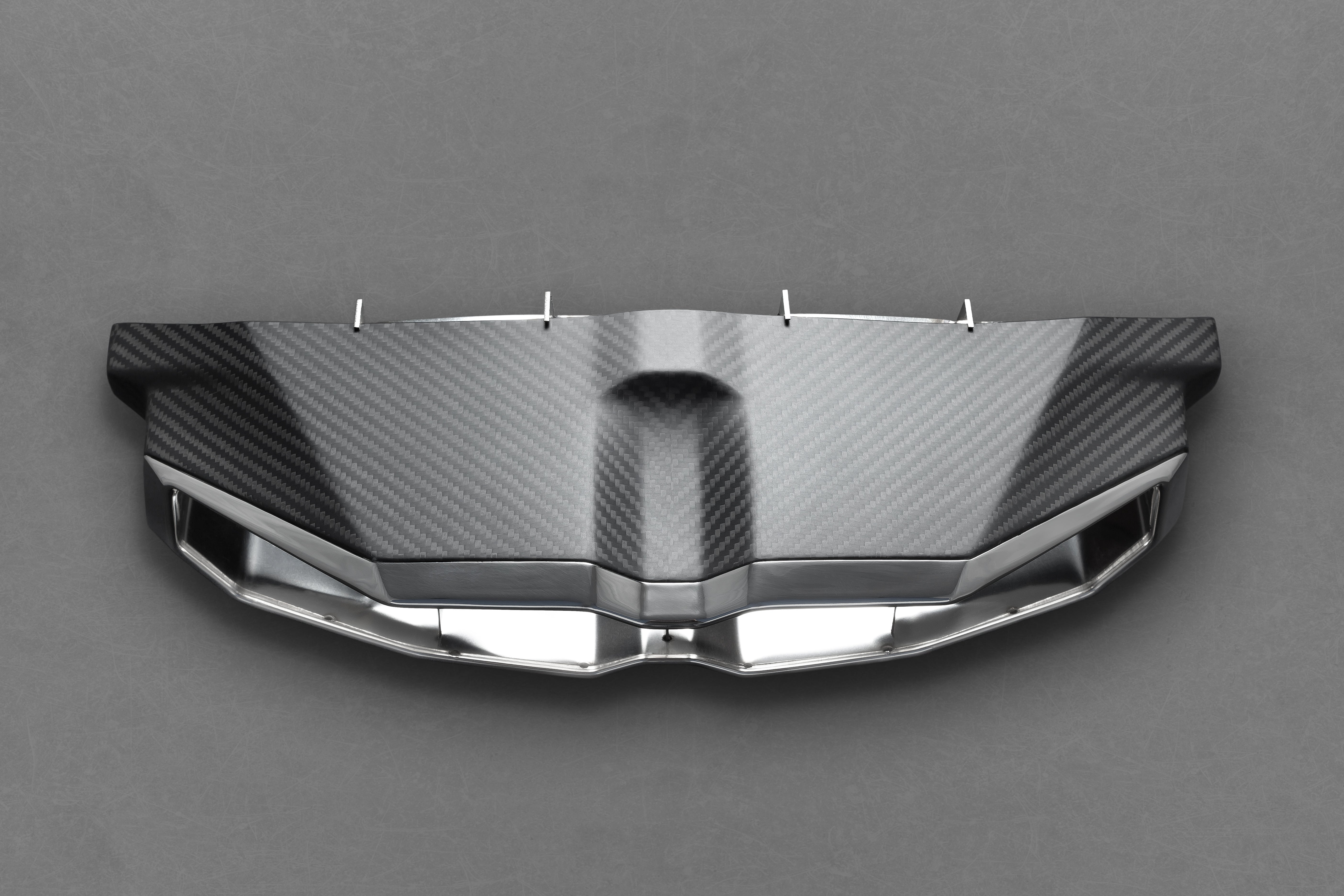 Capristo Aventador SV valved exhaust shown with carbon fiber and polished stainless tip frame, front view