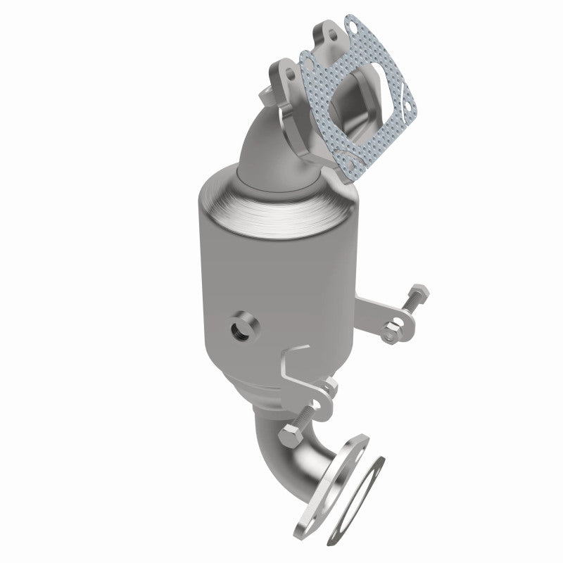 MagnaFlow 22-191 oem grade manifold converter, opposite front three-quarter view of the turntable spin