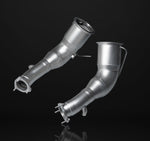 A front wide view of IPE SS Catted Downpipe for Audi RS6 / RS7 C8 2020-2025 with black background