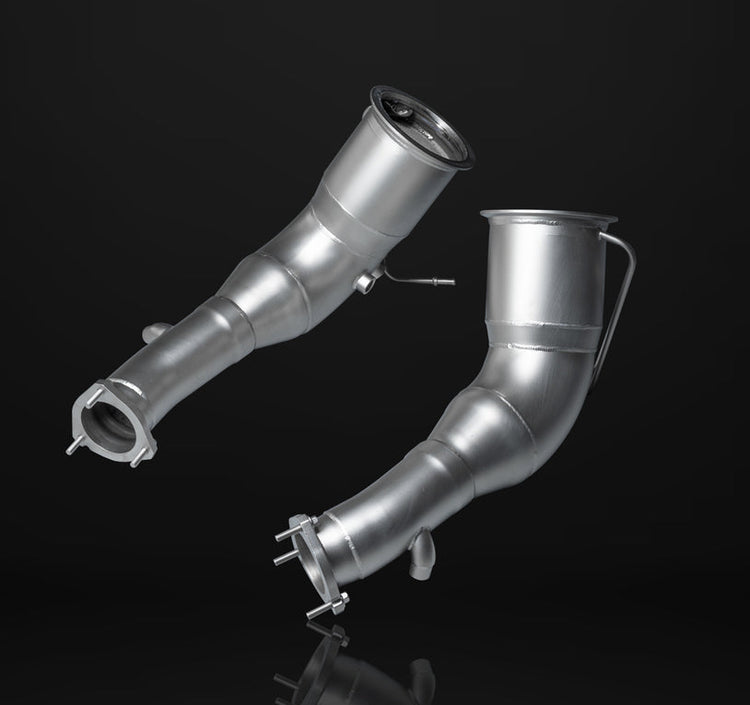 A front wide view of IPE SS Catted Downpipe for Audi RS6 / RS7 C8 2020-2025 with black background