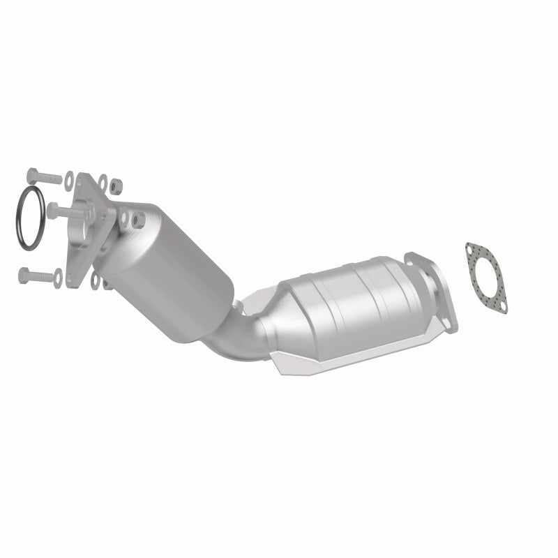 MagnaFlow 5582143 carb direct-fit catalytic converter, rear three-quarter view of the turntable spin