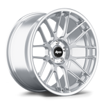 Silver alloy wheel with multi-spoke design and black center cap on white background - APEX Wheels wheel for 19x9.5 ET22 5x120 - Brushed Clear