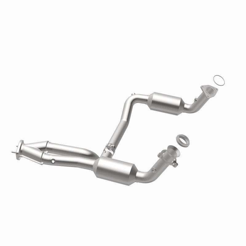 MagnaFlow 4651097 carb direct-fit catalytic converter, opposite rear three-quarter view of the turntable spin
