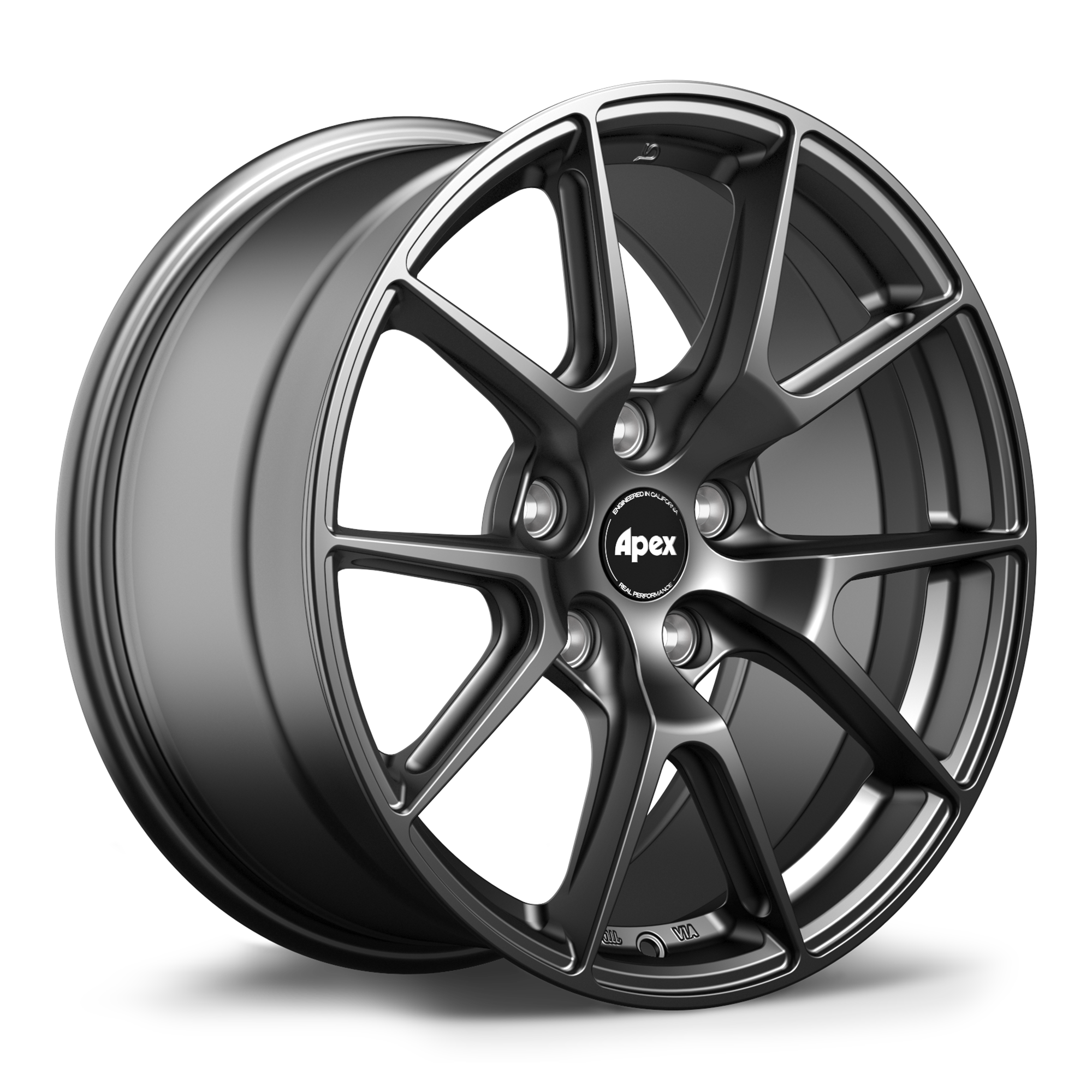 Gunmetal gray alloy wheel with ten-spoke design and black center cap on white background - APEX Wheels wheel for 17x10 ET48 5x114.3 - Satin Black