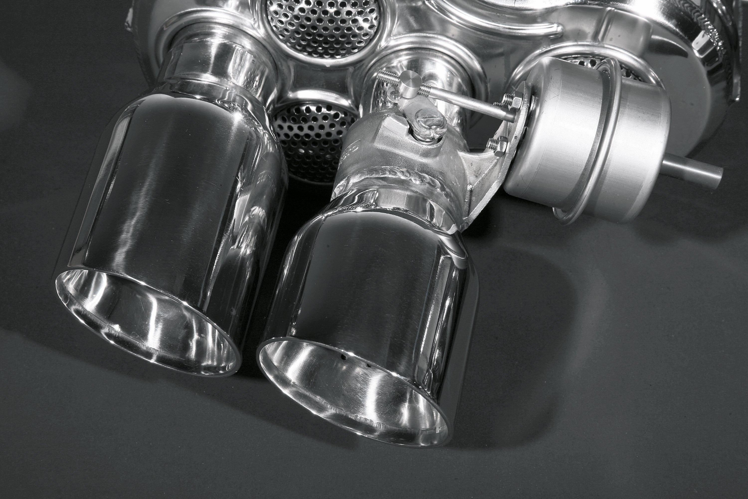 Capristo Ferrari 550/575 polished twin tips and valve actuator, close-up