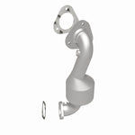 MagnaFlow 5582957 carb direct-fit catalytic converter, rear three-quarter view of the turntable spin