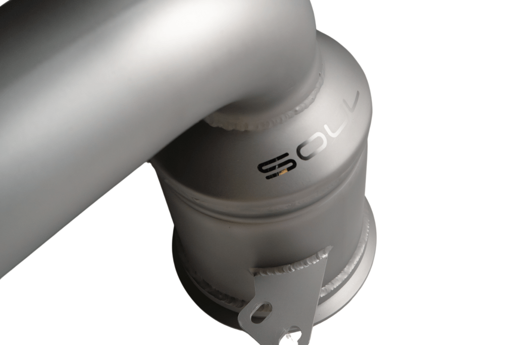 A close up view of Soul Performance Sport Catalytic Converters | Porsche 992.2 Carrera (Base / T / S) 2025+ with white background