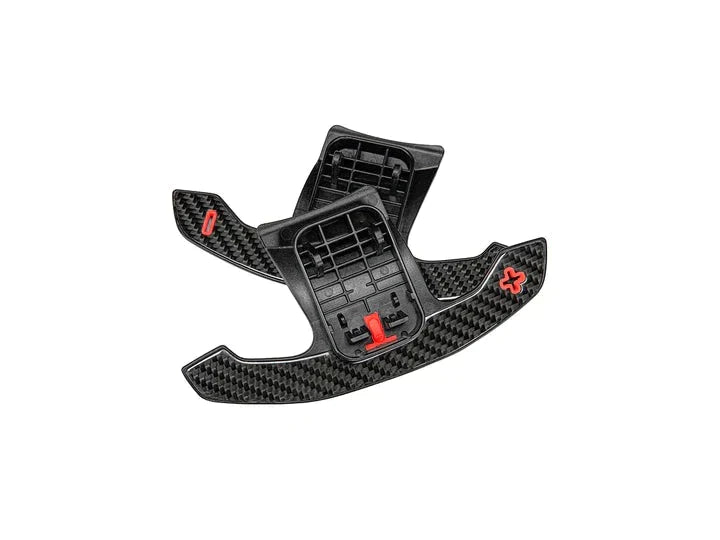 A front view of AUTOTECKNIC CARBON FIBER POLE POSITION SHIFT PADDLES in Red Shift Indicators & Grip with white background