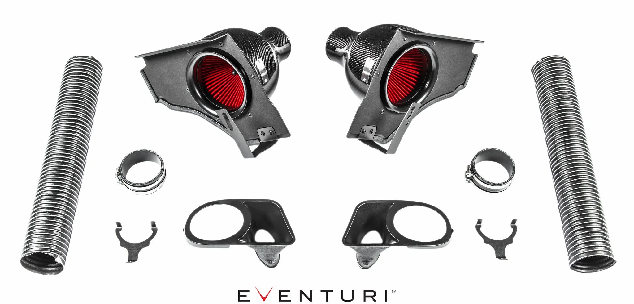 Dual carbon fiber cold air intake system with red cone filters, black heat shields, flexible intake tubes and mounting hardware displayed as complete kit - Eventuri carbon plenum lid for BMW E39 M5 and E52 Z8