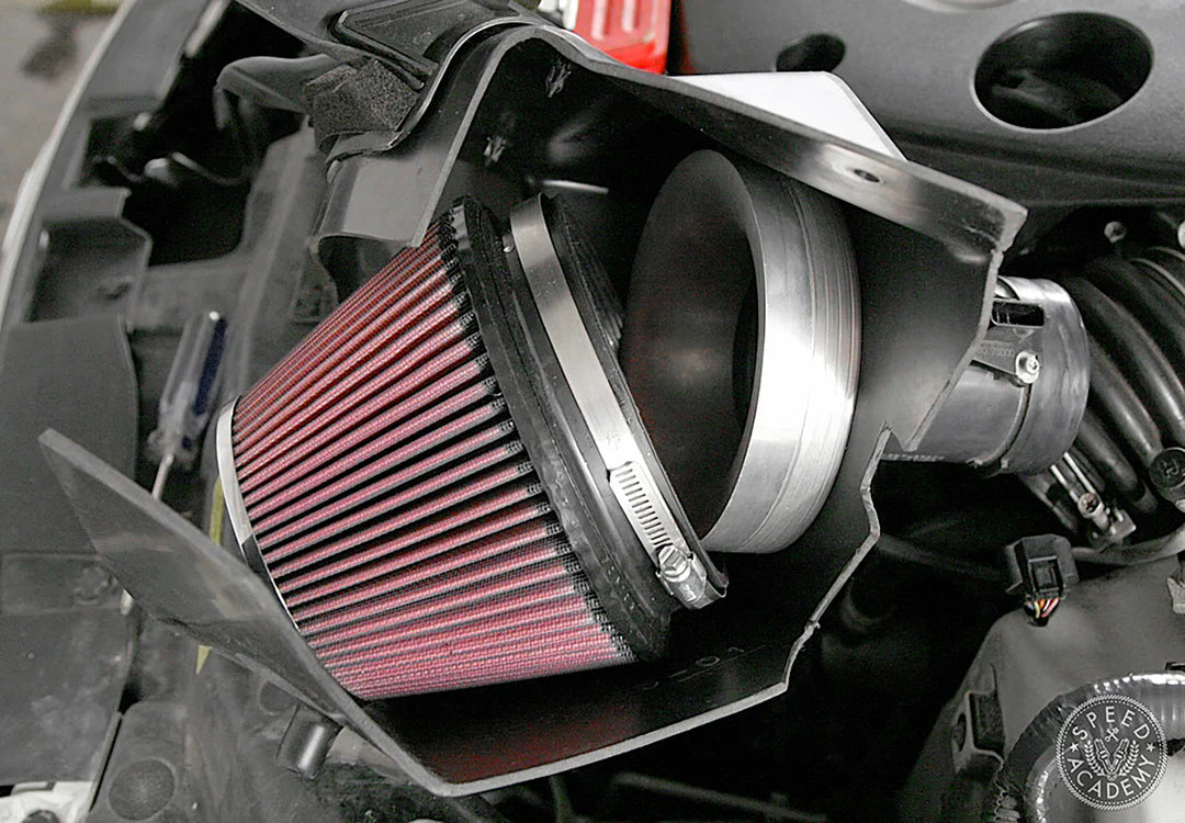 Close up view of Stillen Hi-Flow Cold Air Intake [S50/V35] (Black) for Infiniti G35 Coupe/Sedan 2002-2005 fitted inside a car