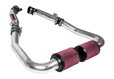 Close-up side view of Stillen Generation 3 [Z33] Hi-Flow Ultra Long Dual Tube Air Intake with Oil Filter for Nissan 350Z 2007-2009 with white background