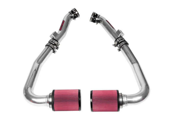 Close-up front view of Stillen Generation 3 [Z33] Hi-Flow Ultra Long Dual Tube Air Intake with Oil Filter for Nissan 350Z 2007-2009 with white background